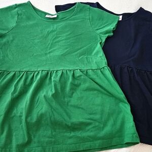 Hanna Andersson 140 (US 10) Shortsleeve Peplum Top Lot Of 2, Navy And Green